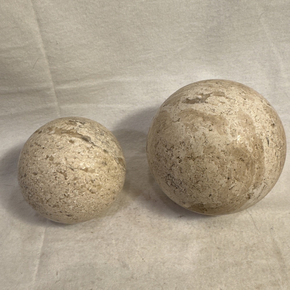 Italian Travertine Curio Ball Objects 4" & 3" Sprees Orb Heavy Stone Marble Deco
